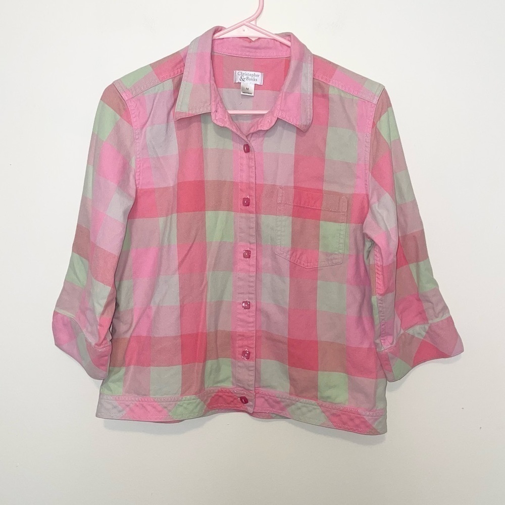 Christopher & Banks Pink and Green Plaid Button Up Button Down Jacket Size M